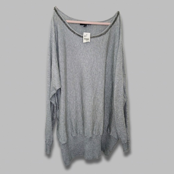 Lane Bryant Sweater Beaded Neckline Peek-Shoulder Ribbed Hem Knit Grey 22/24 NWT - Picture 3 of 7
